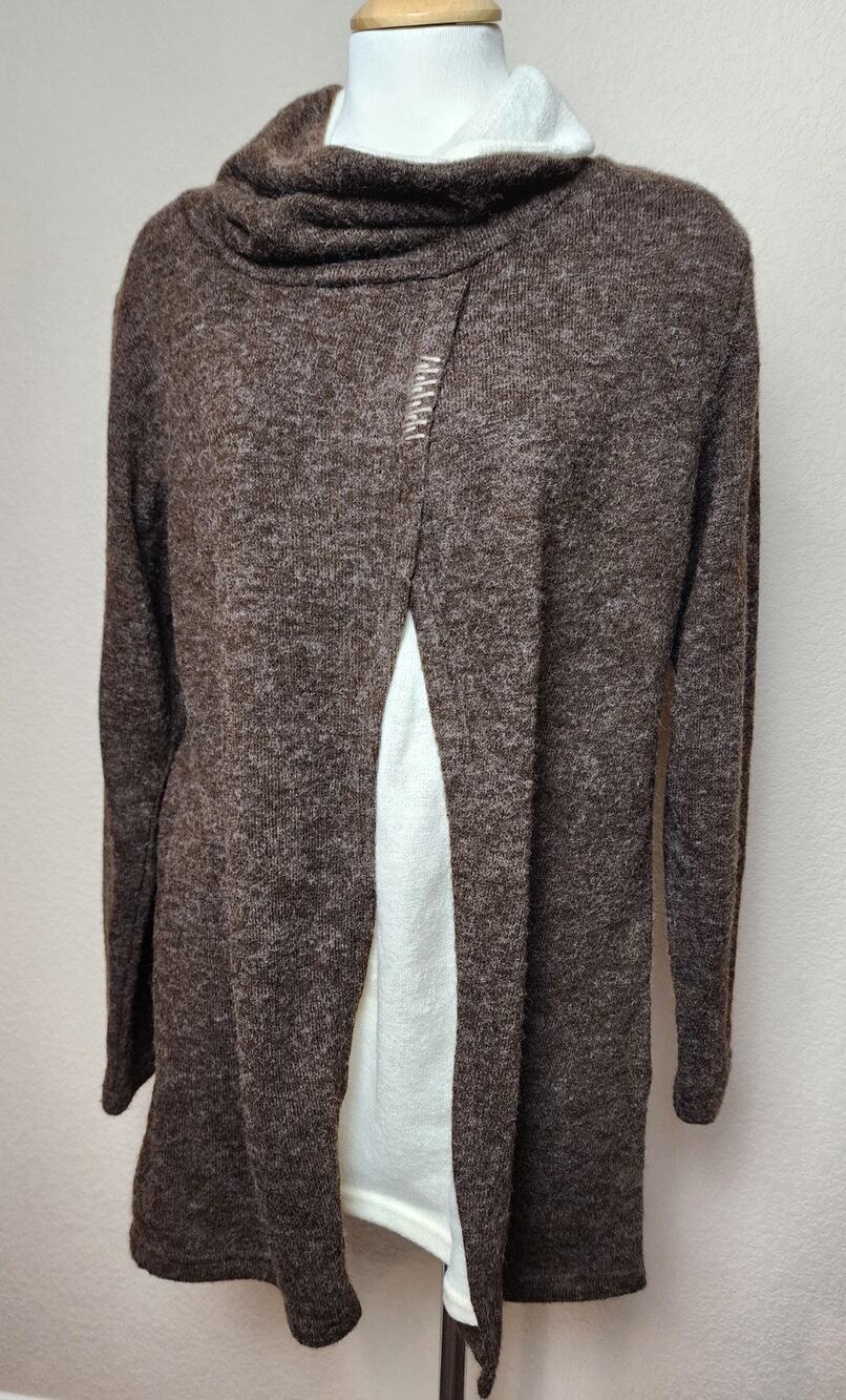 Yak & Yeti Nepal Sweater Women Large Brown Cowl Neck Front Slit Minimal Bohemian